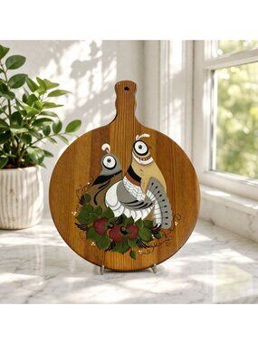 Hand-Painted Wooden Cutting Board With Quail & Strawberry Design Vintage Decorat